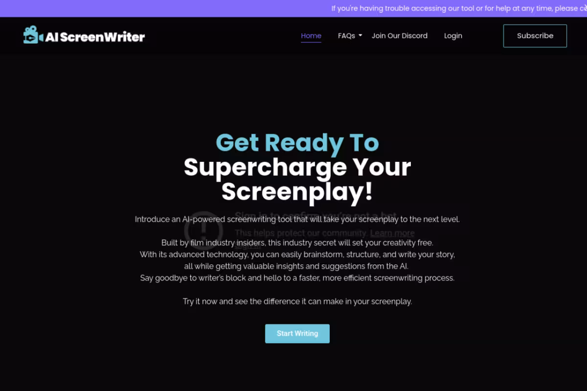 AI Screenwriting Tool homepage screenshot