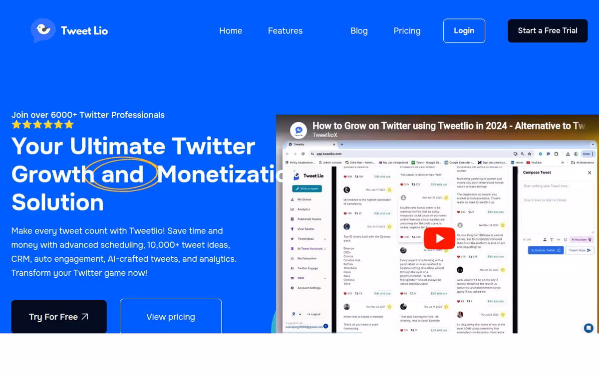 Tweetlio homepage screenshot