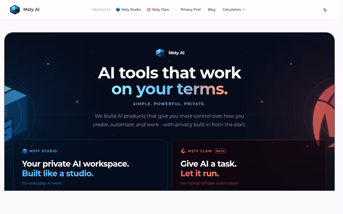 Msty homepage screenshot