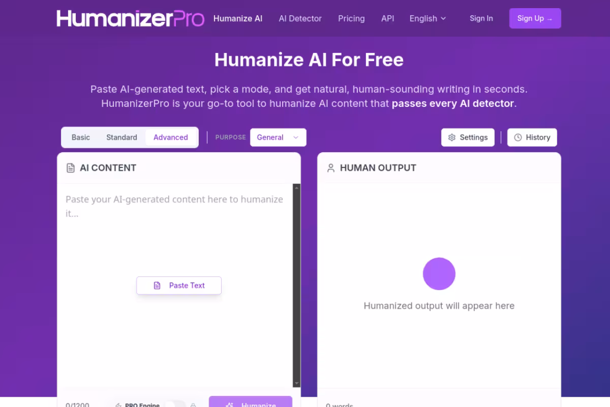 HumanizerPro homepage screenshot