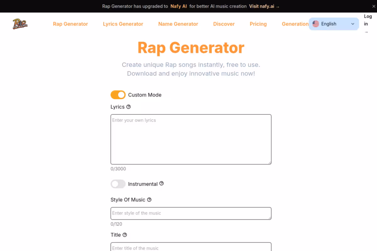 Rap Generator homepage screenshot