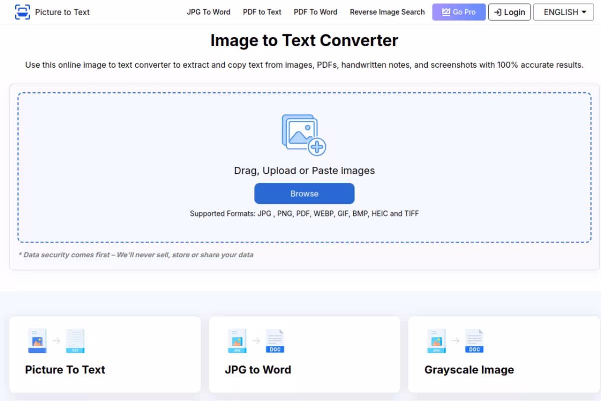 Picture To Text Converter homepage screenshot