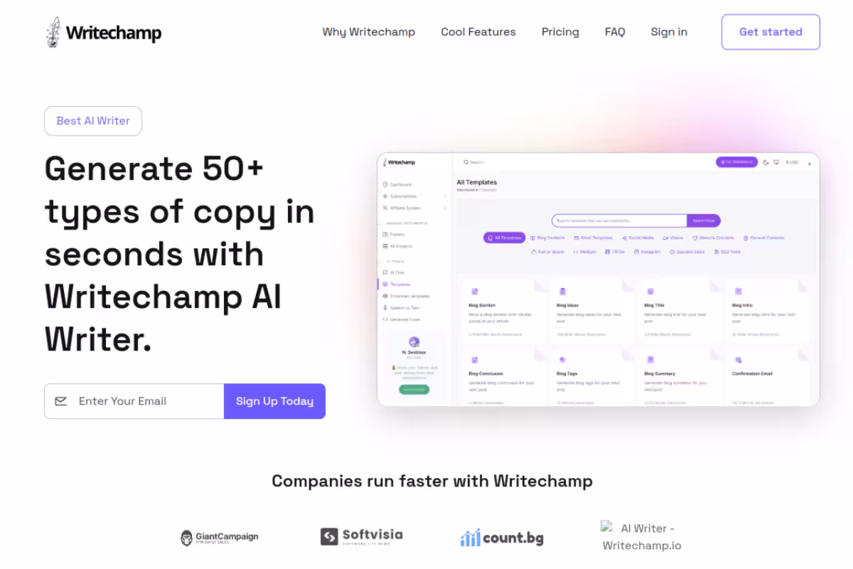 Writechamp homepage screenshot
