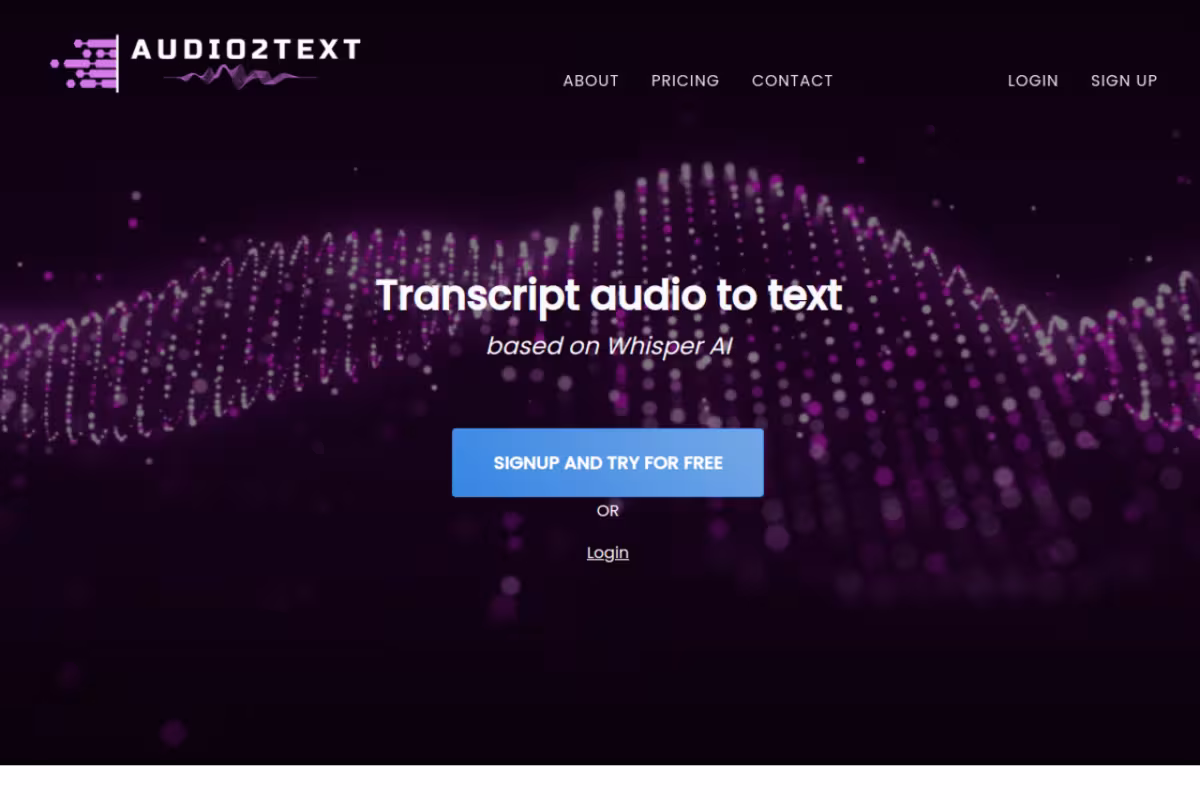 Audio2Text homepage screenshot