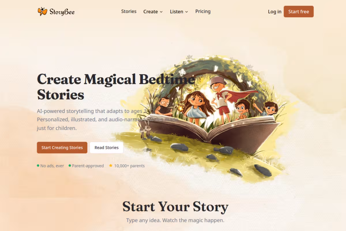 StoryBee homepage screenshot
