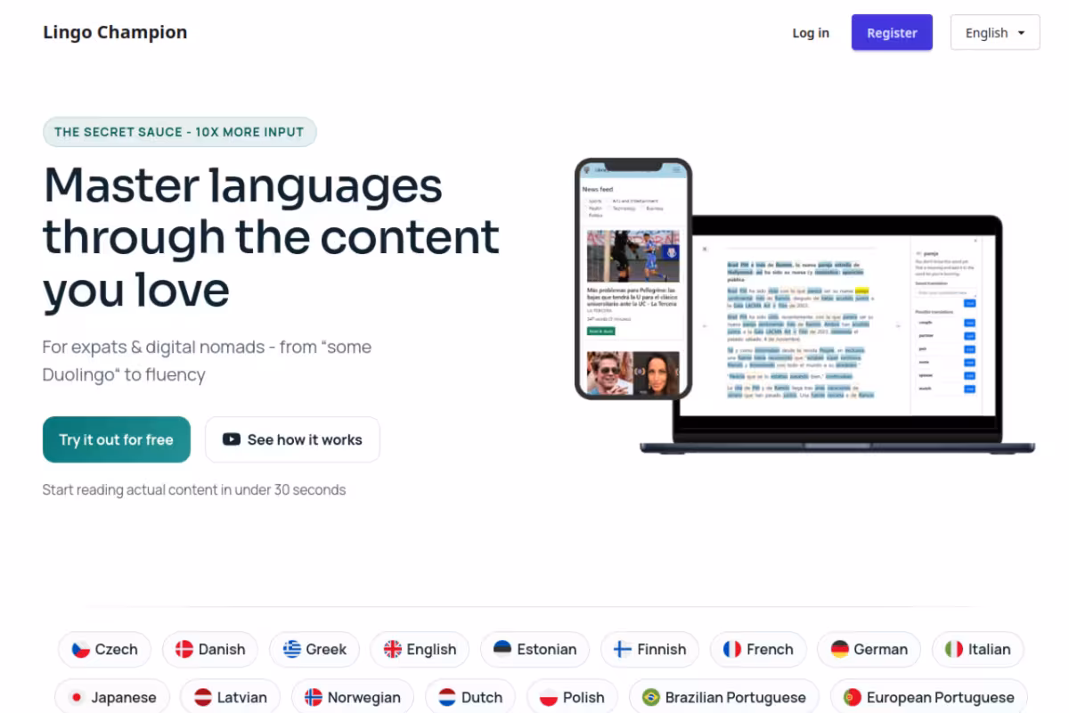 Lingo Champion homepage screenshot