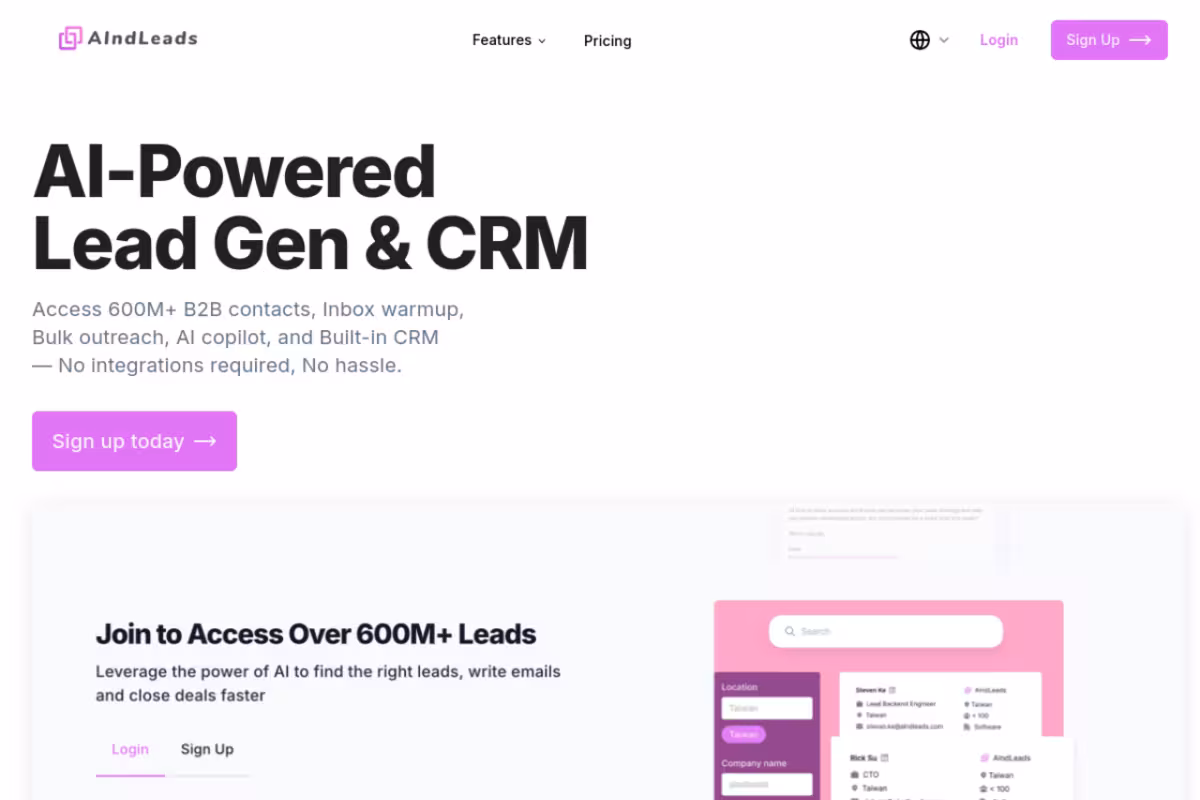 AIndLeads homepage screenshot