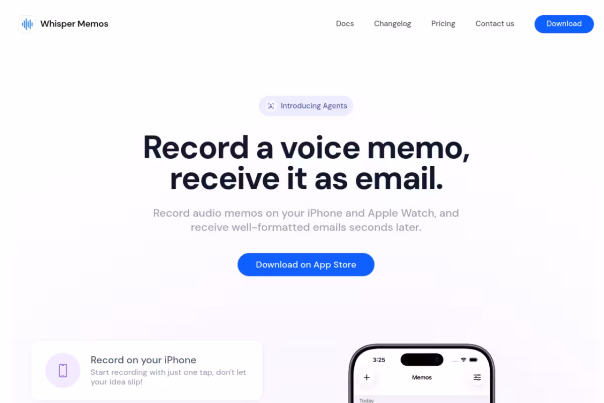 Whisper Memos homepage screenshot