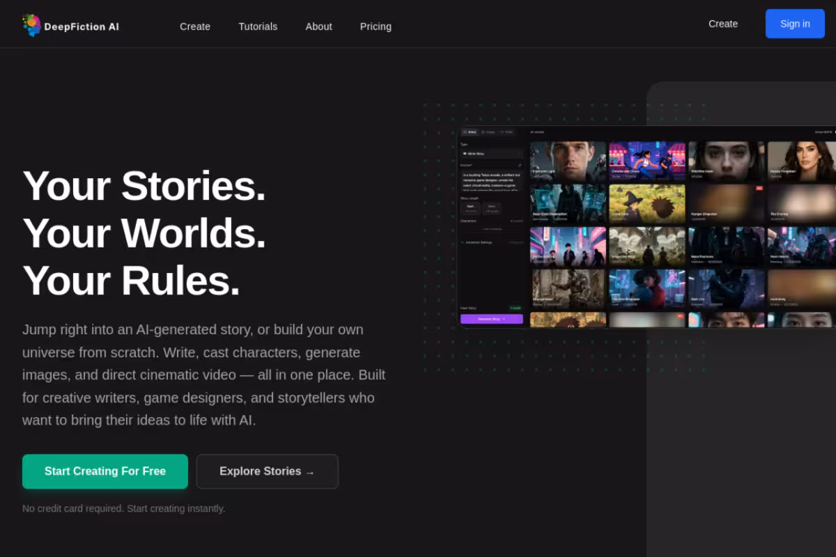 DeepFiction homepage screenshot
