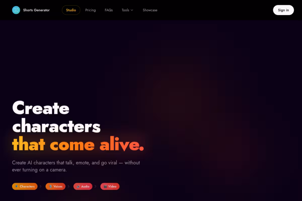 Shorts Generator homepage screenshot