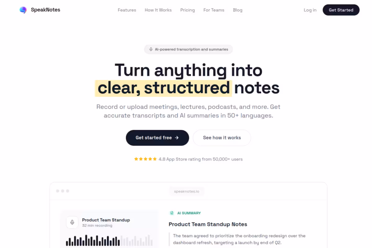 SpeakNotes homepage screenshot