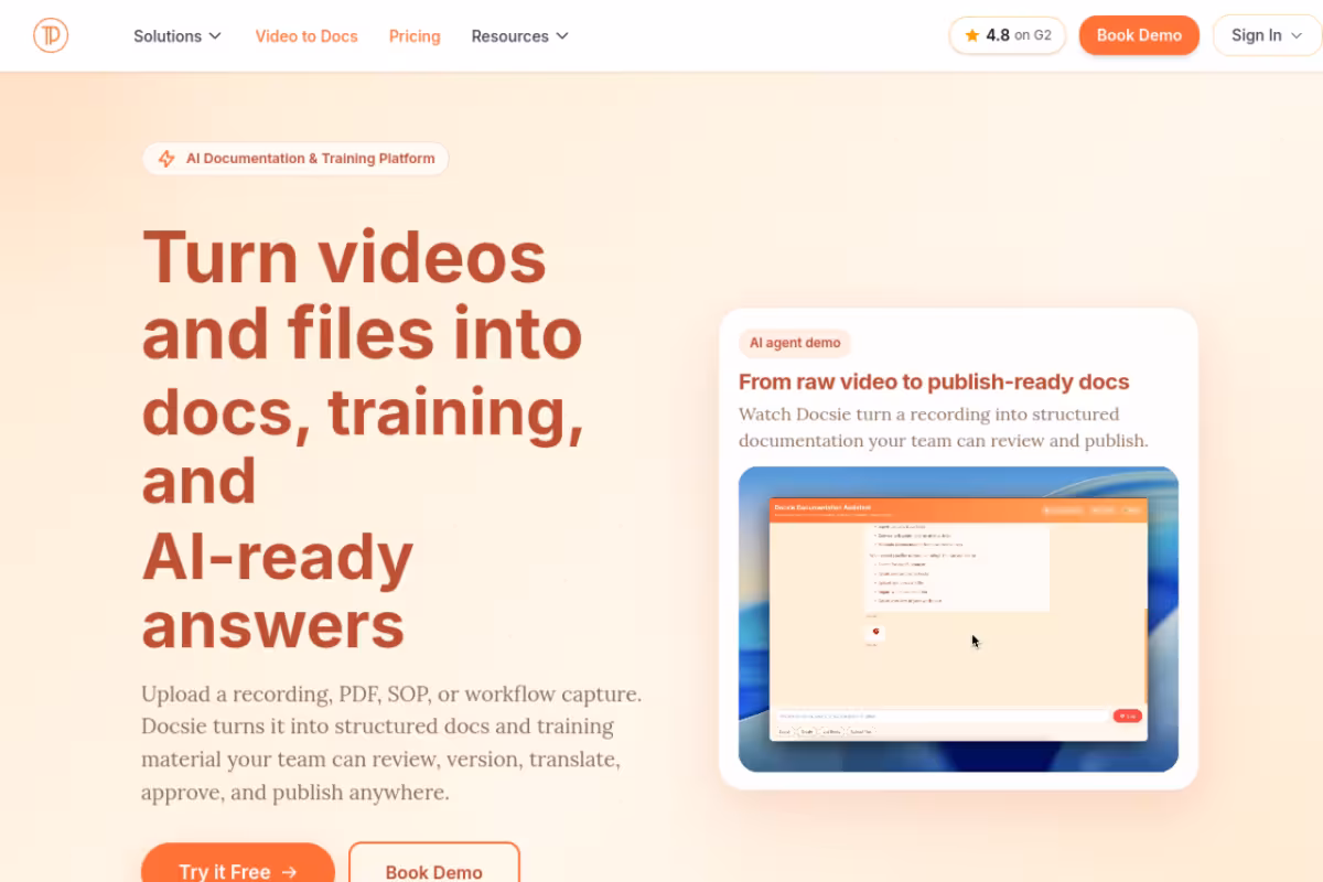 Docsie homepage screenshot