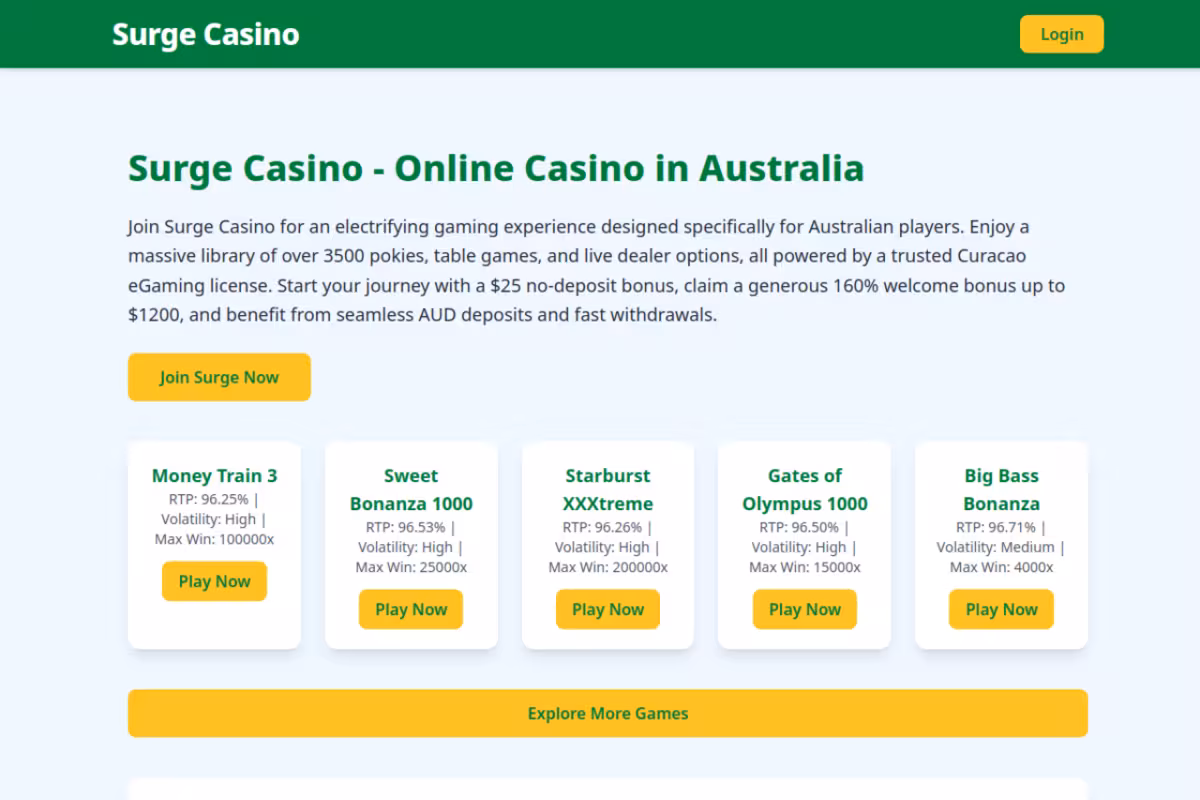 Surge Casino homepage screenshot
