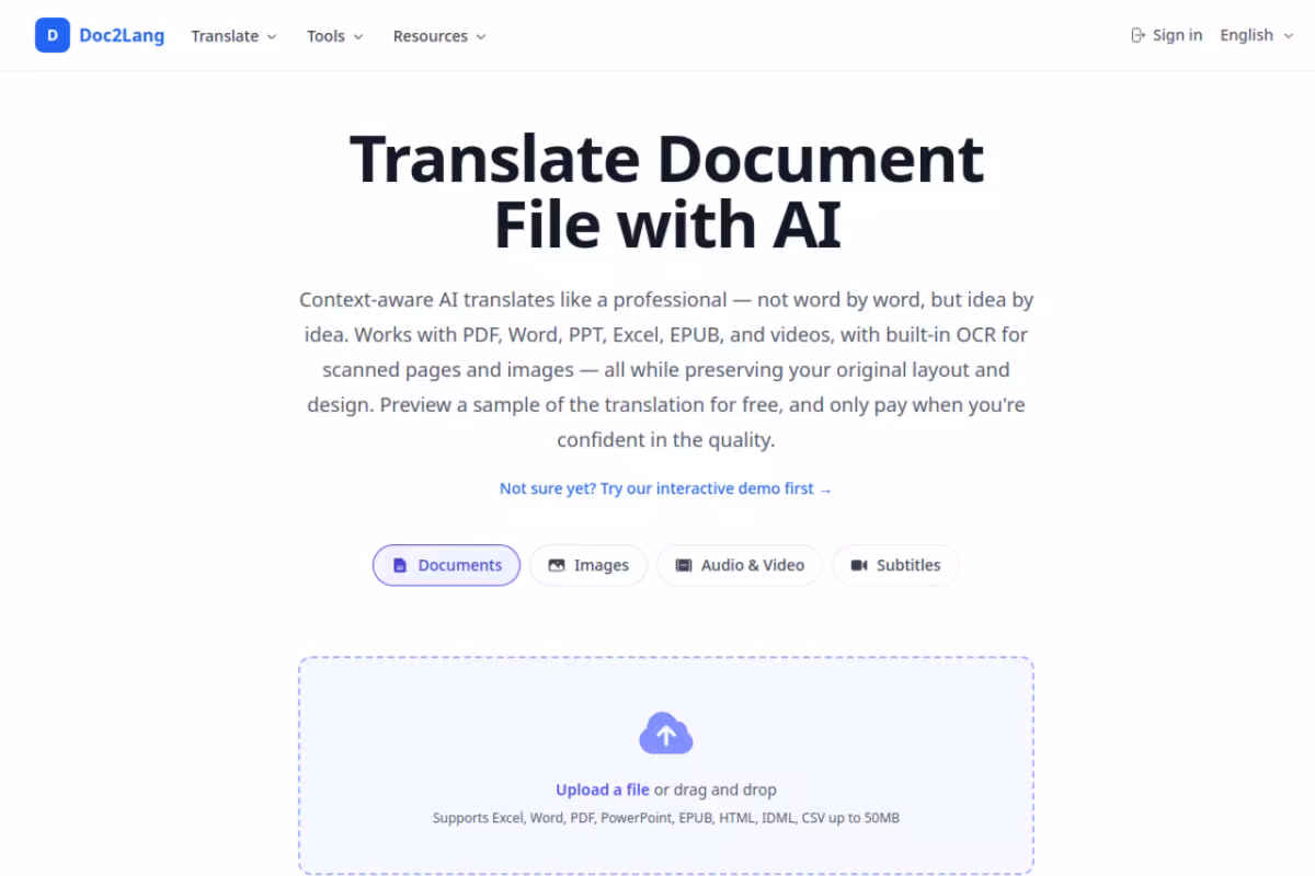 Doc2Lang homepage screenshot