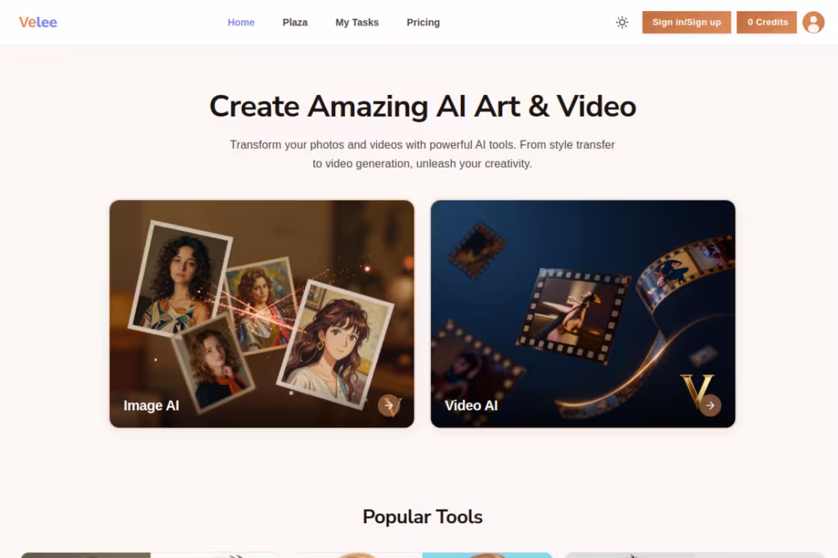 Velee AI homepage screenshot