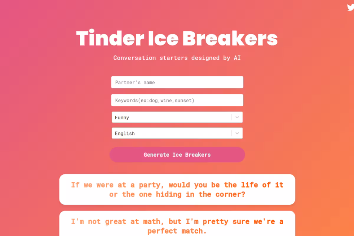 Tinder Ice Breakers homepage screenshot
