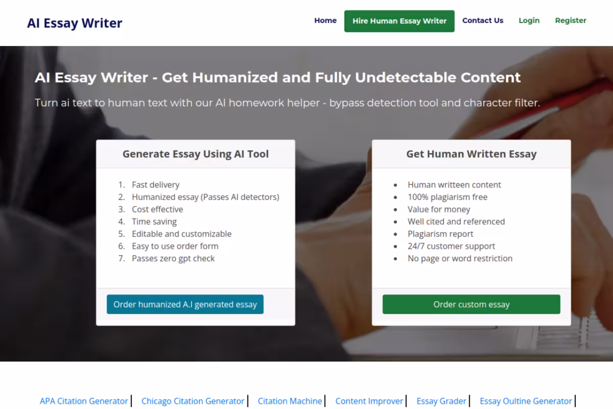 Essay Writer App homepage screenshot