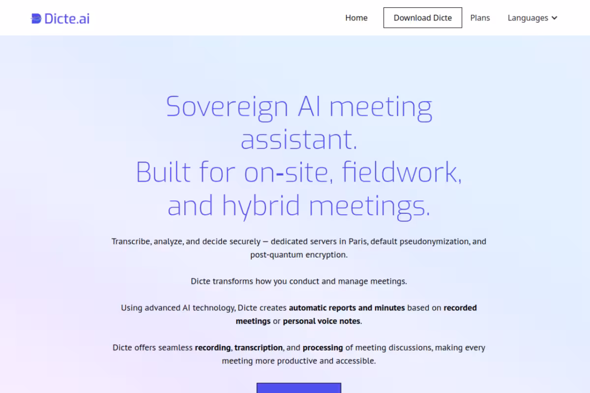 Dicte.ai homepage screenshot