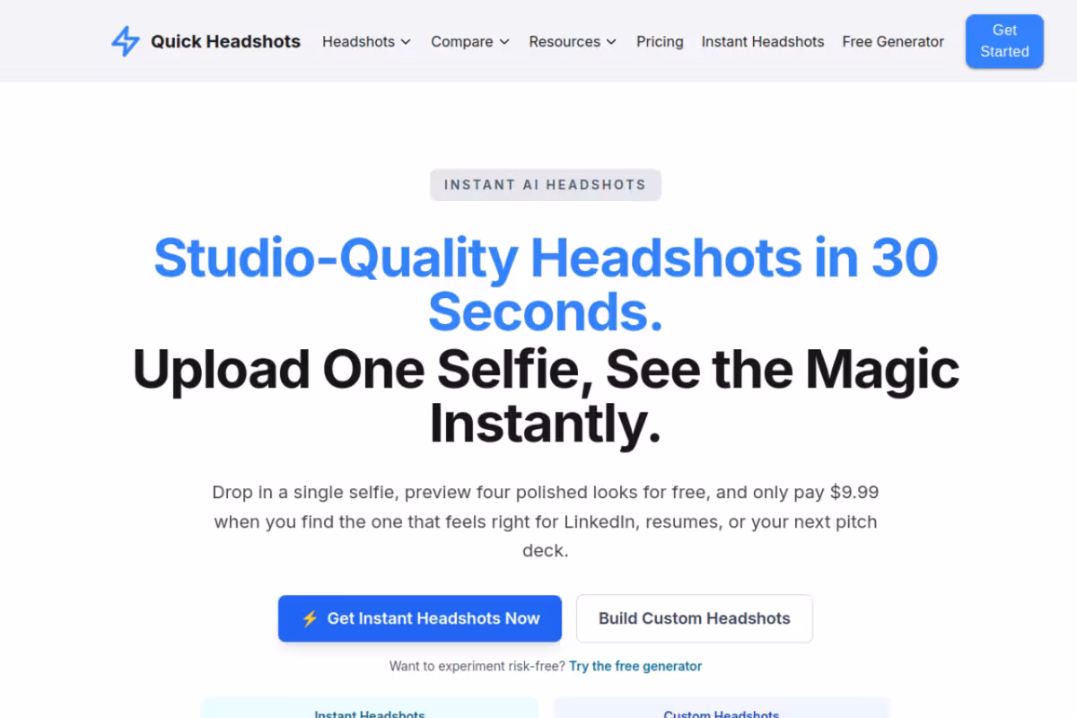 Quick Headshots homepage screenshot