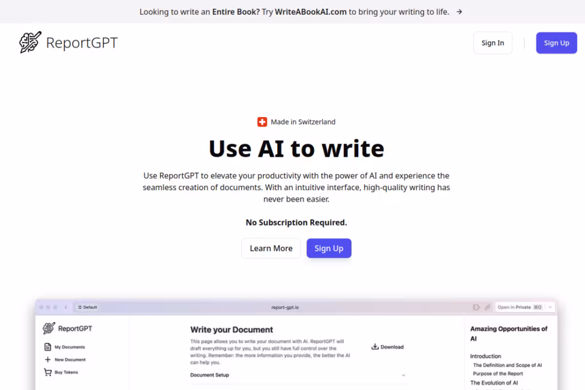 ReportGPT homepage screenshot