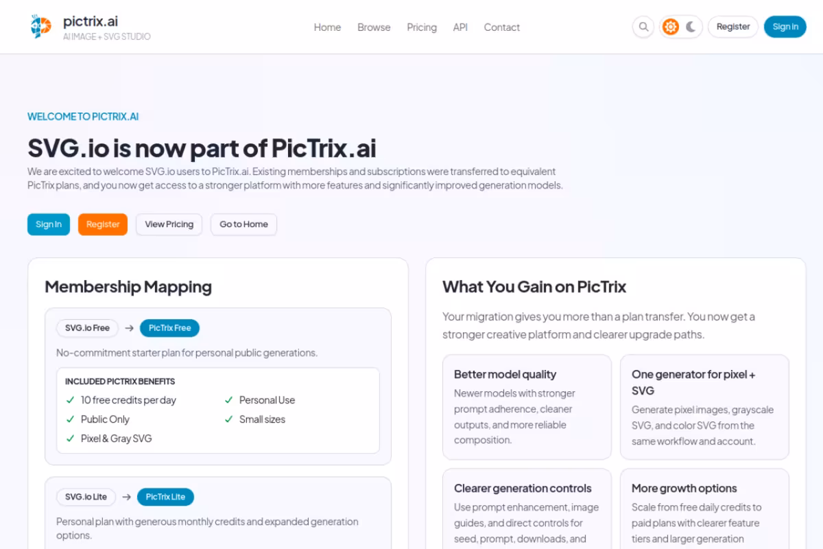 SVG.io Migration to PicTrix homepage screenshot