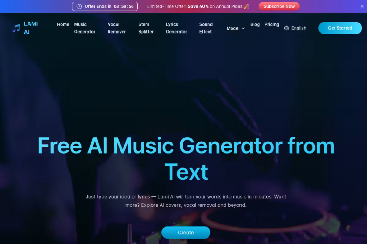 Lami AI Music Generator homepage screenshot