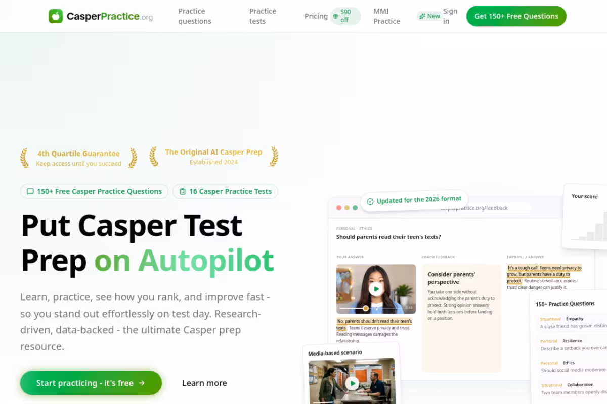 Free CASPer Practice Questions, Practice Tests & AI Feedback homepage screenshot