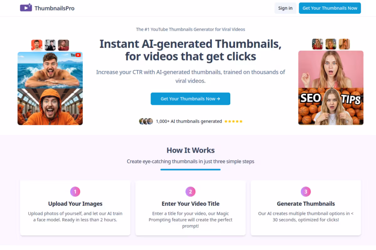 The #1 YouTube Thumbnails Generator for Viral Videos homepage screenshot