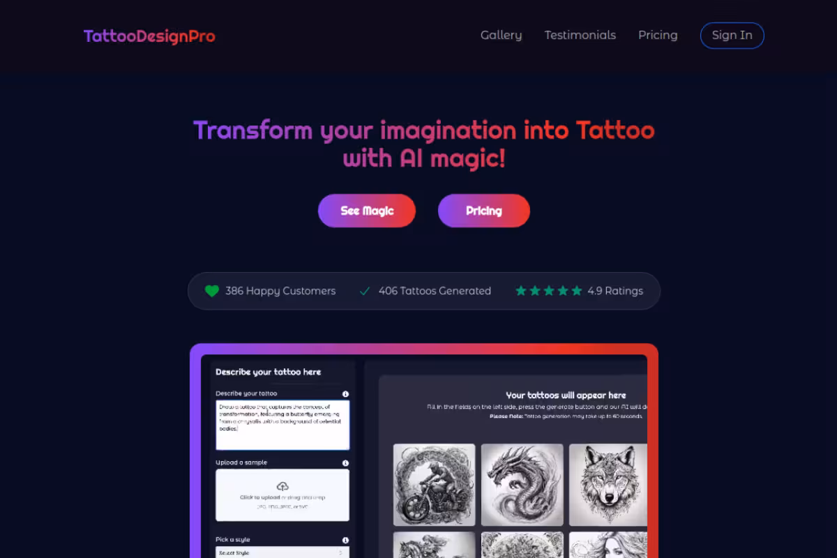 TattooDesignPro homepage screenshot