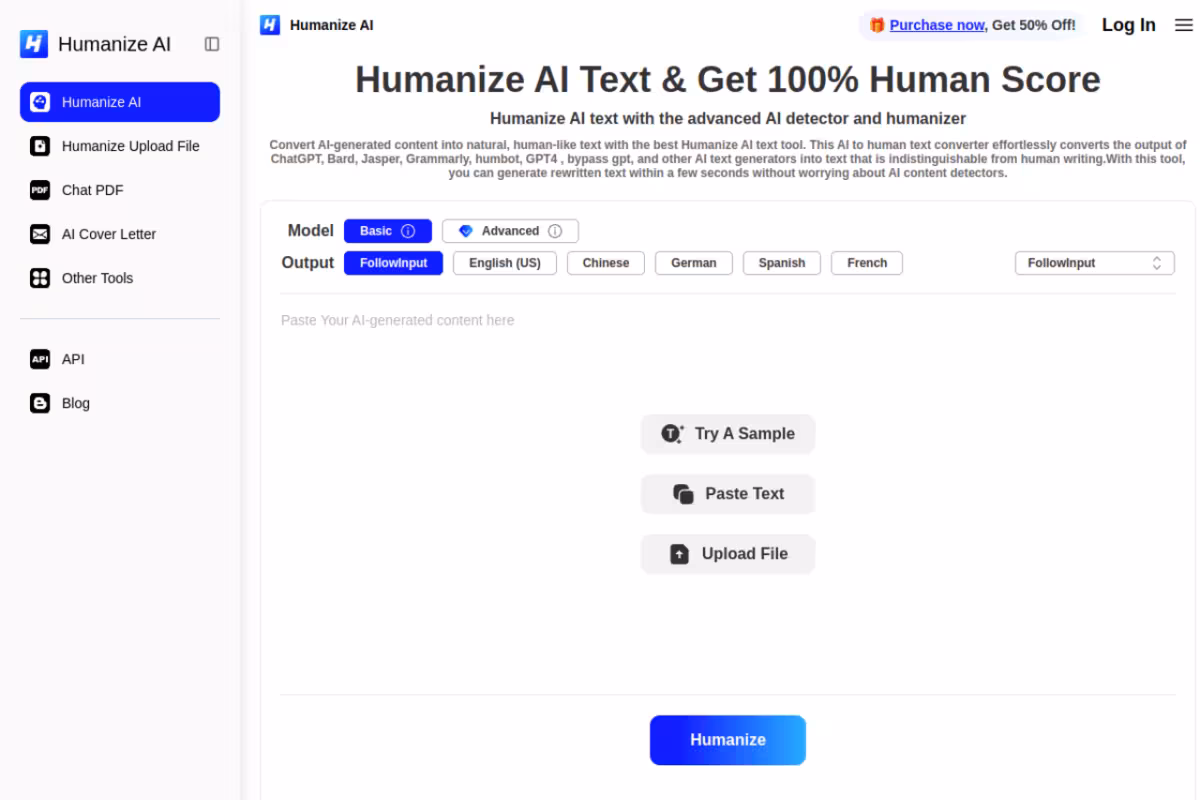 HumanizeAI Tools homepage screenshot