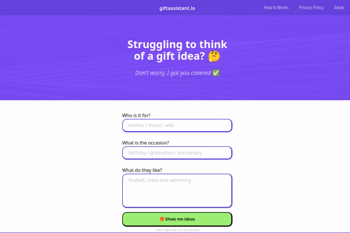 Giftassistant homepage screenshot