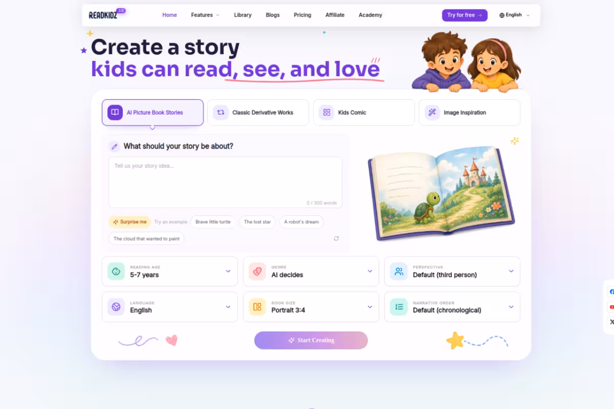 Readkidz homepage screenshot