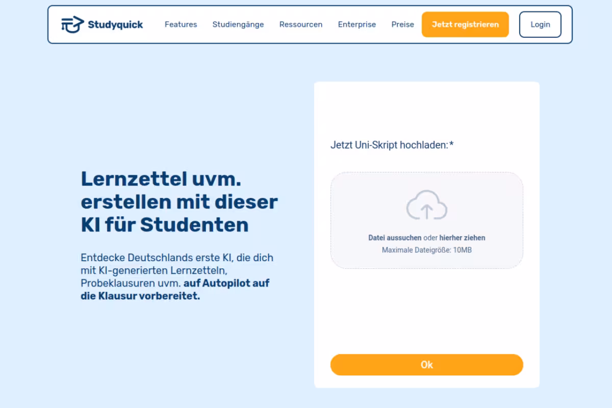 Studyquick homepage screenshot