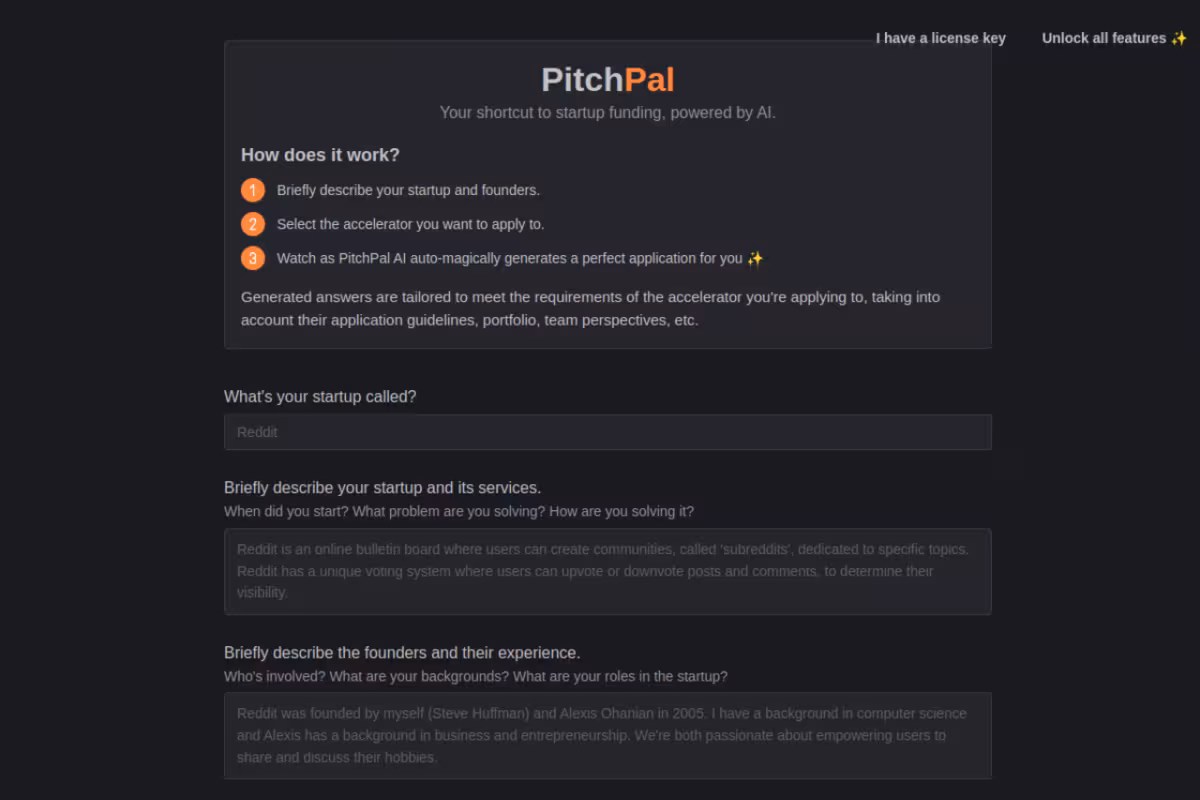 PitchPal homepage screenshot