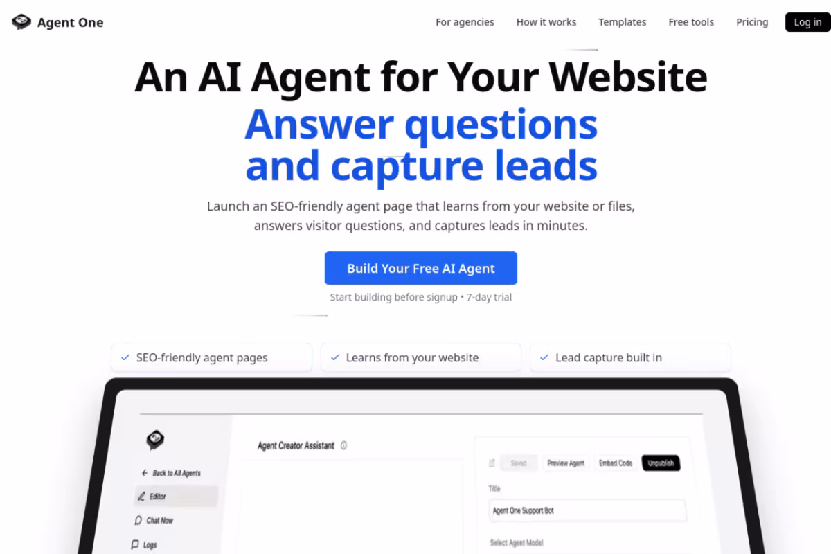 Agent One homepage screenshot