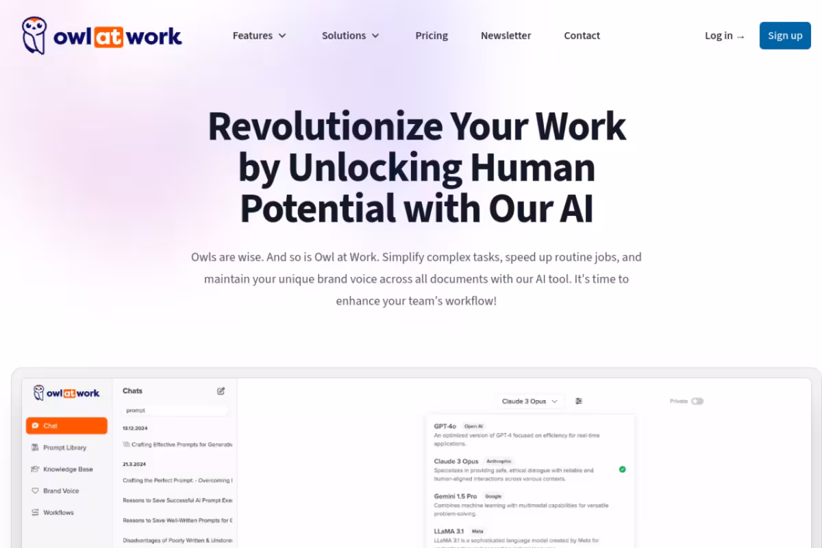 Revolutionize Your Work with Owl at Work’s AI homepage screenshot