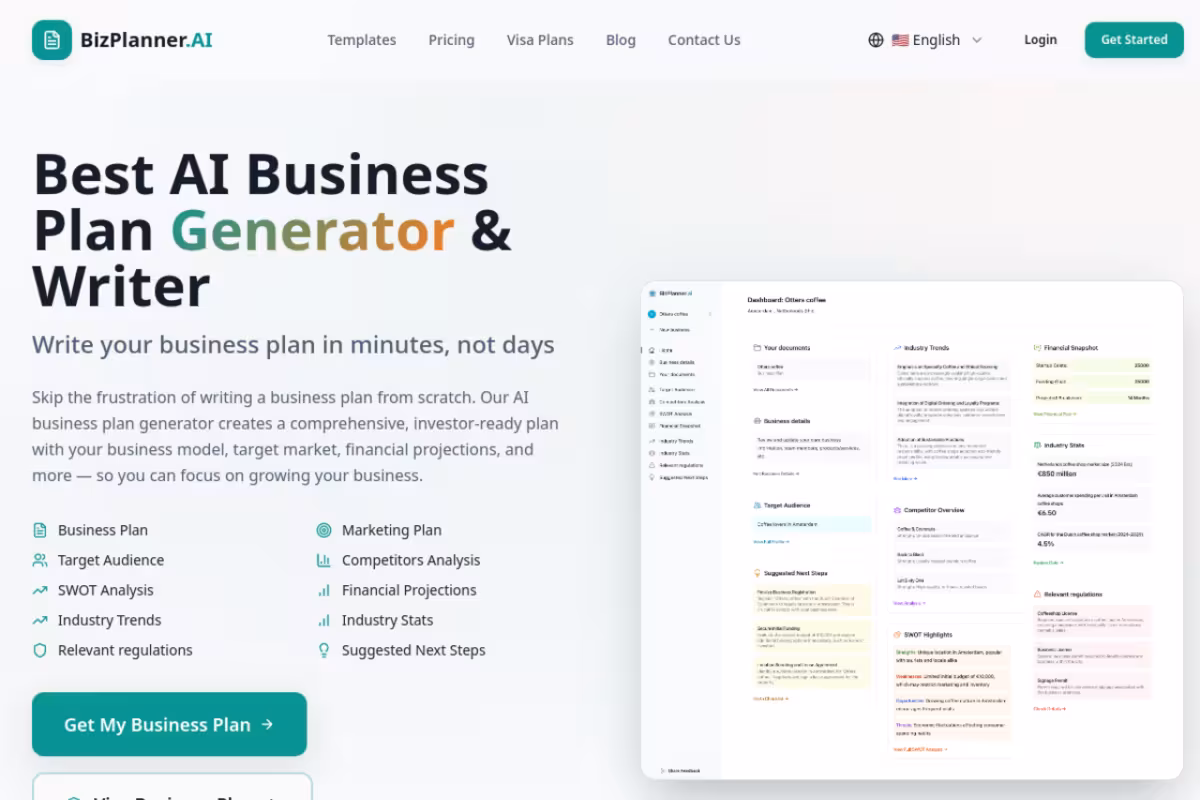 BizPlanner AI homepage screenshot