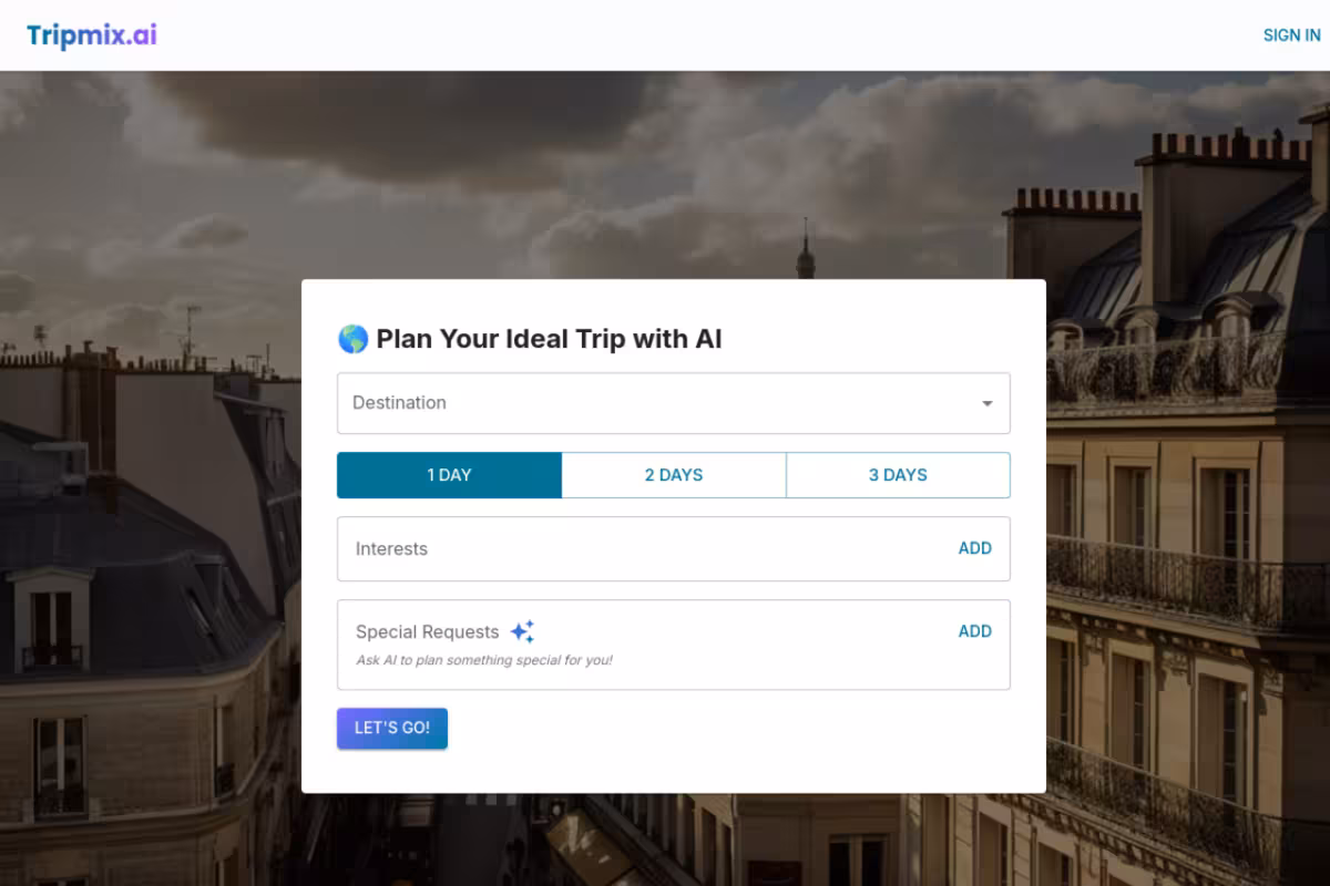 Tripmix.ai homepage screenshot