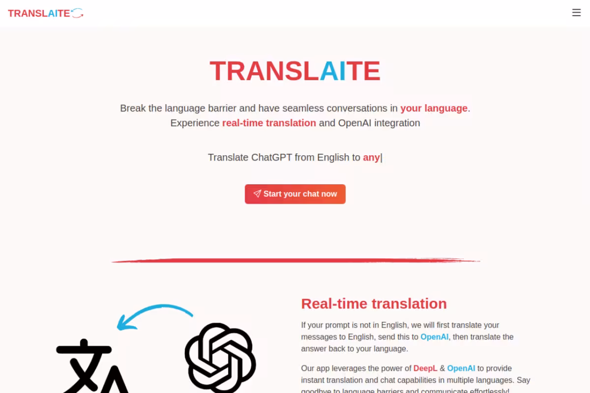 Translaite homepage screenshot