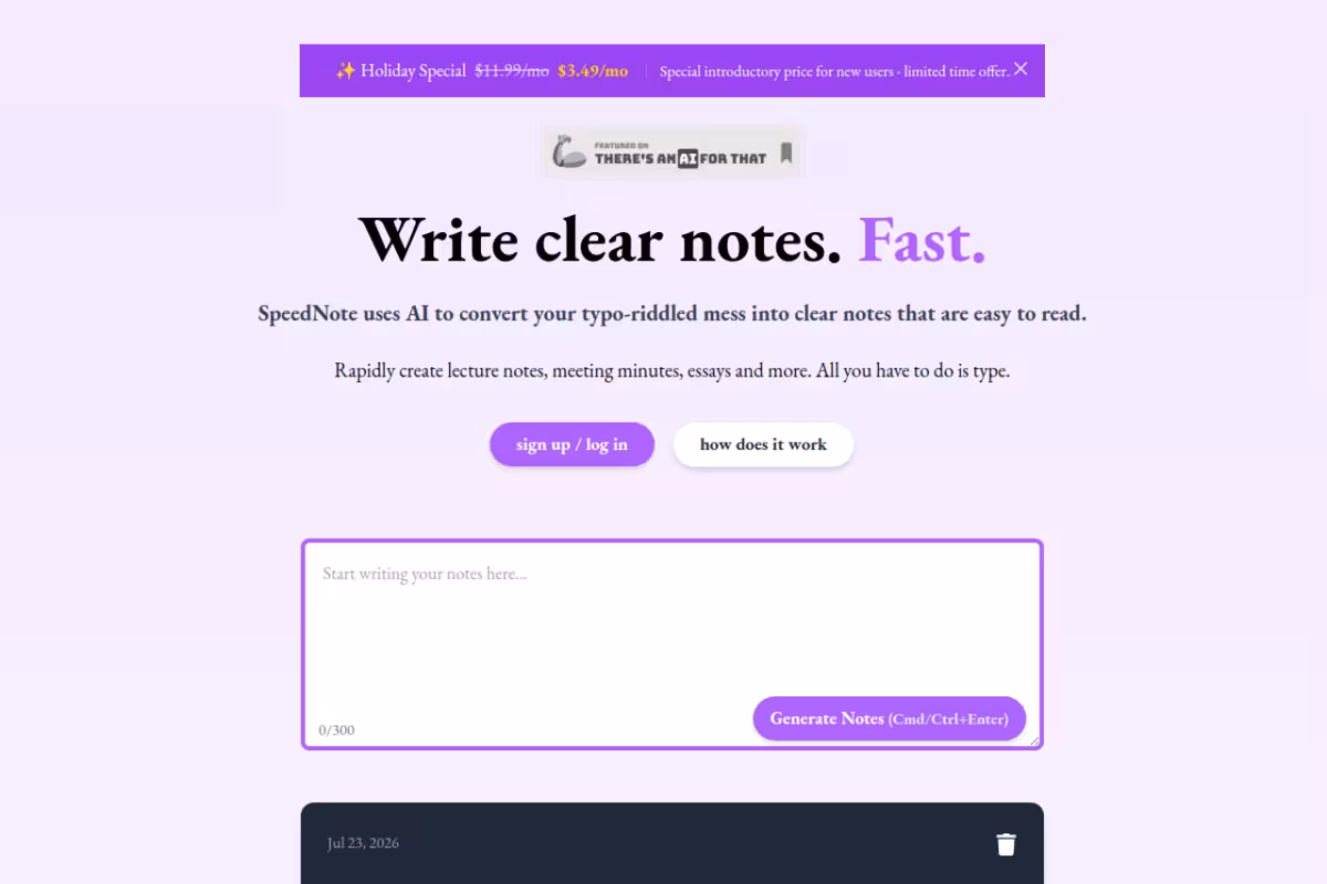 SpeedNote AI homepage screenshot