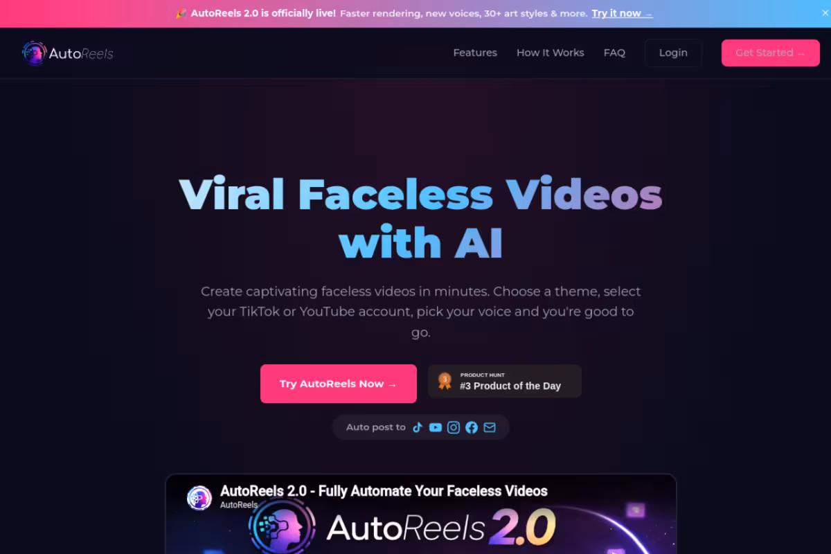 AutoReels homepage screenshot