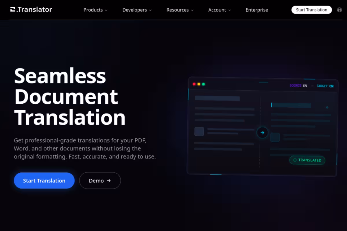 Online Document Translator homepage screenshot