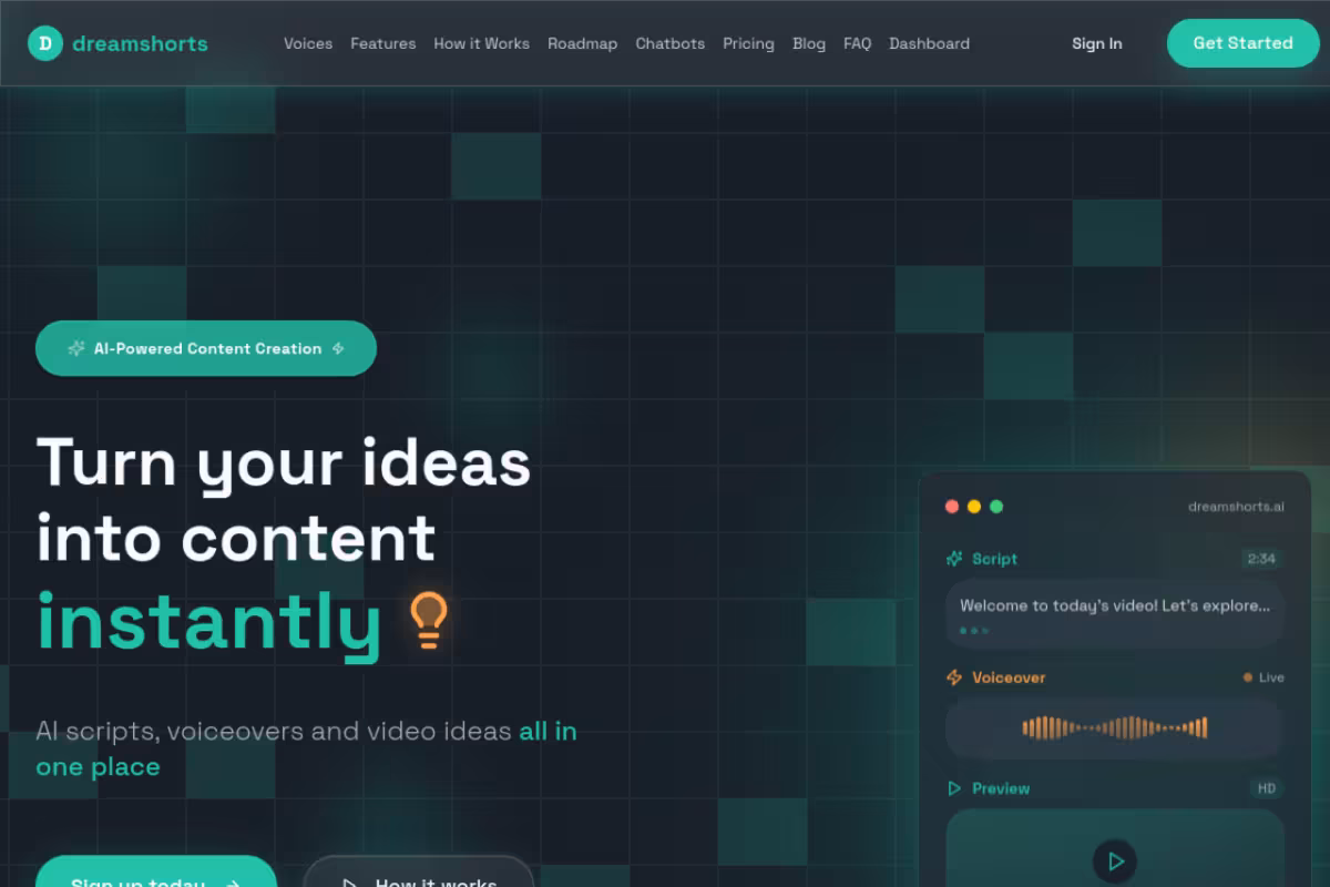 Dreamshorts homepage screenshot