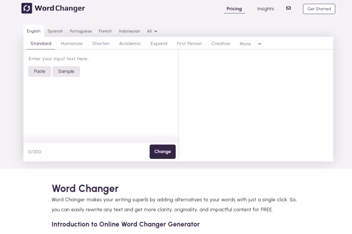 AI Word Changer homepage screenshot