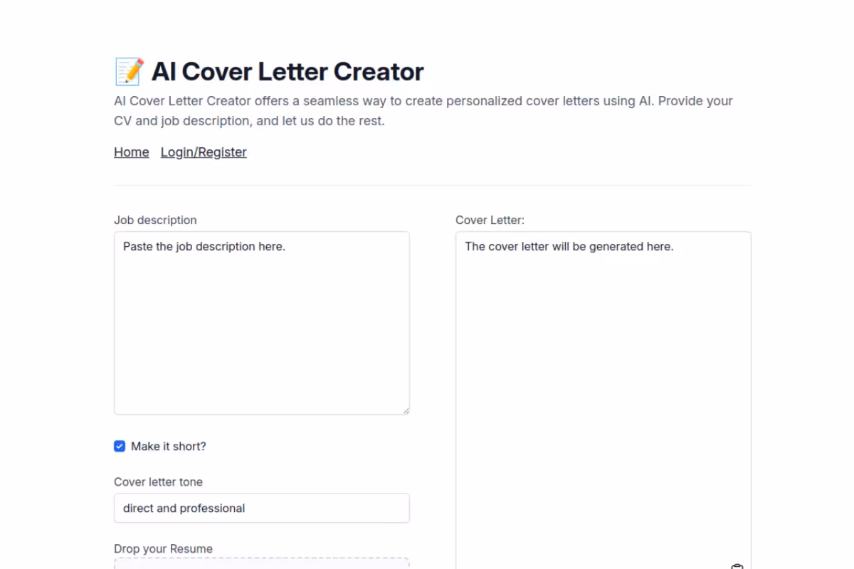 AI Cover Letter Creator homepage screenshot