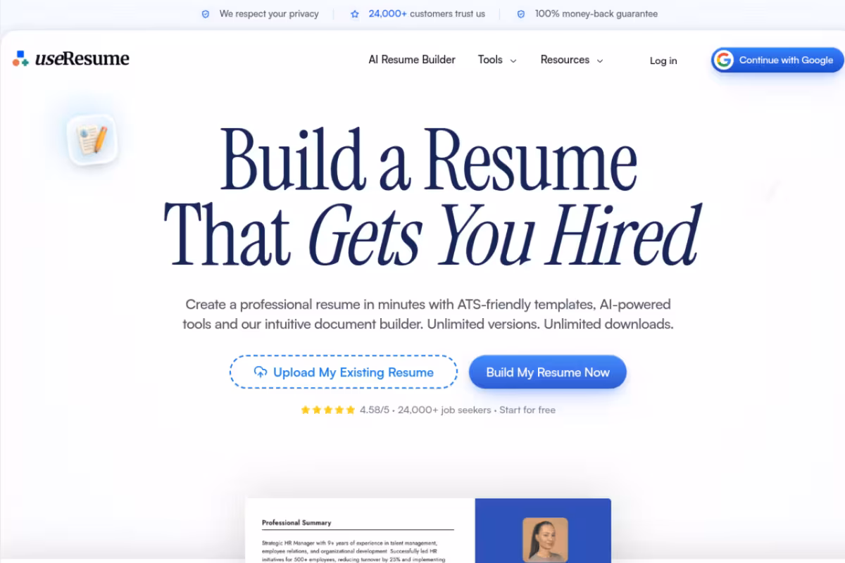 UseResume homepage screenshot