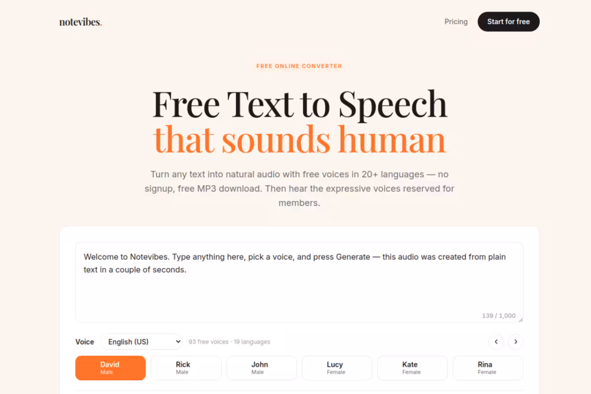 Notevibes homepage screenshot