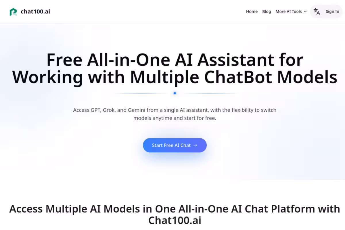 Free All-in-One AI Chatbot with Multiple Models On Chat100.ai homepage screenshot