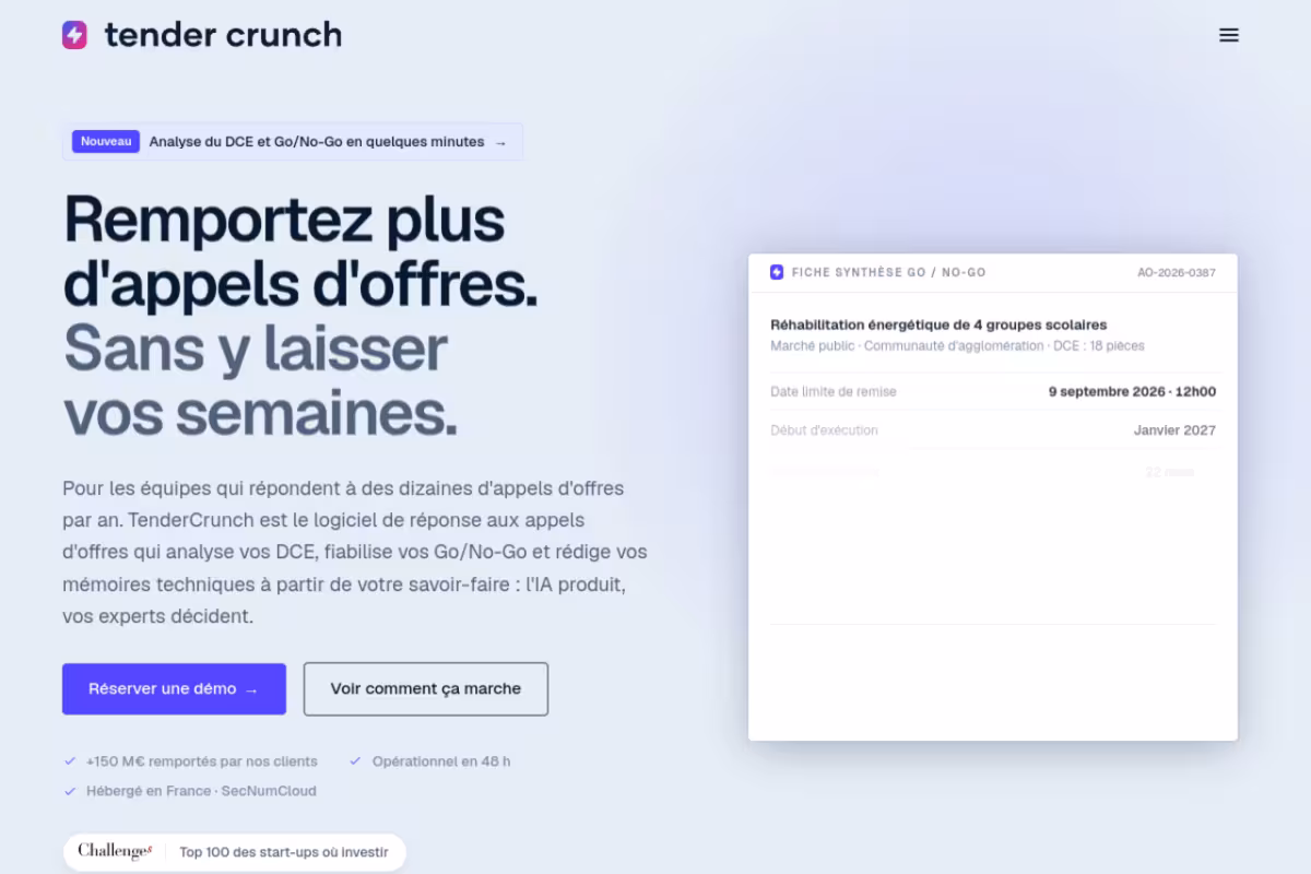 TenderCrunch homepage screenshot