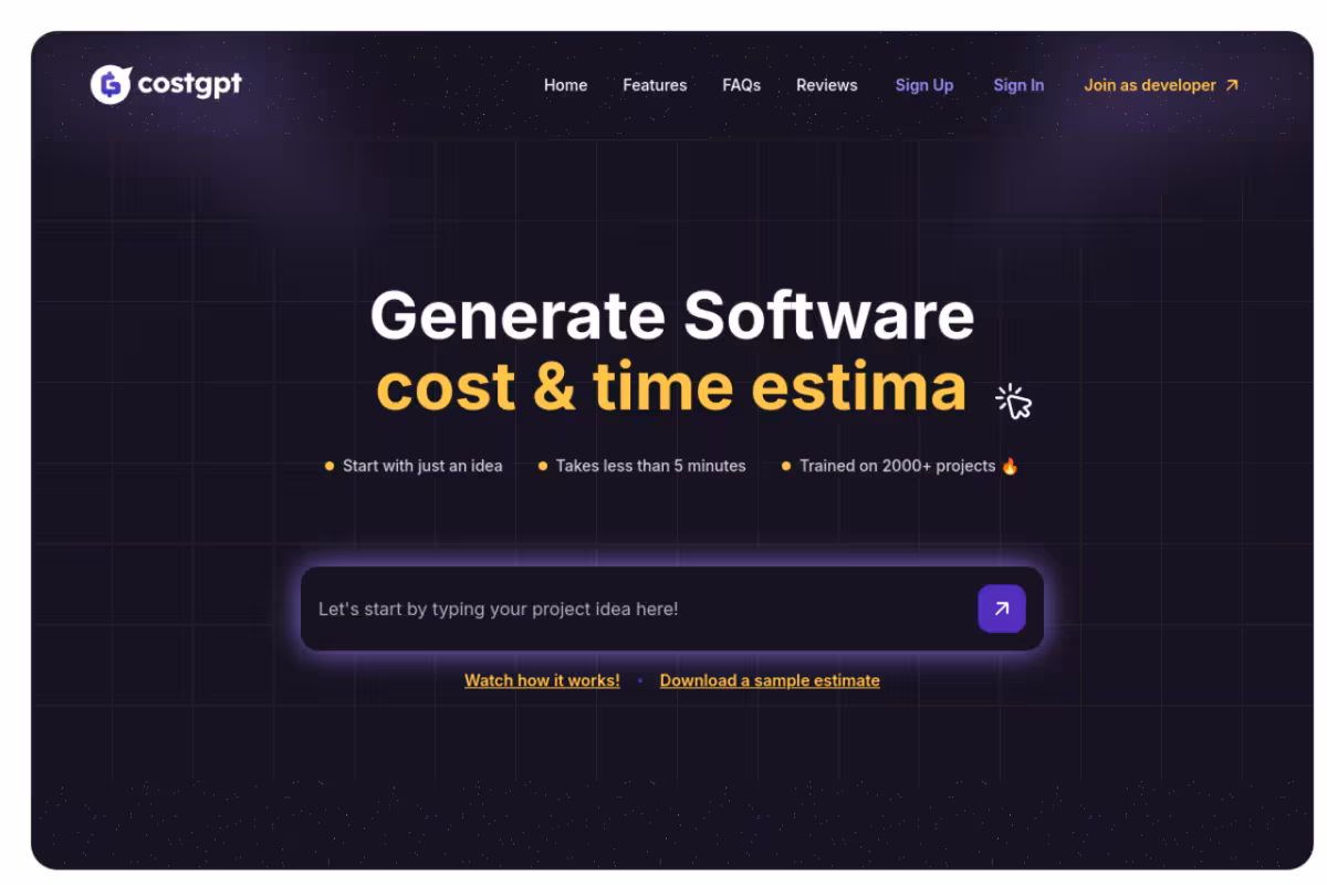 CostGPT AI homepage screenshot
